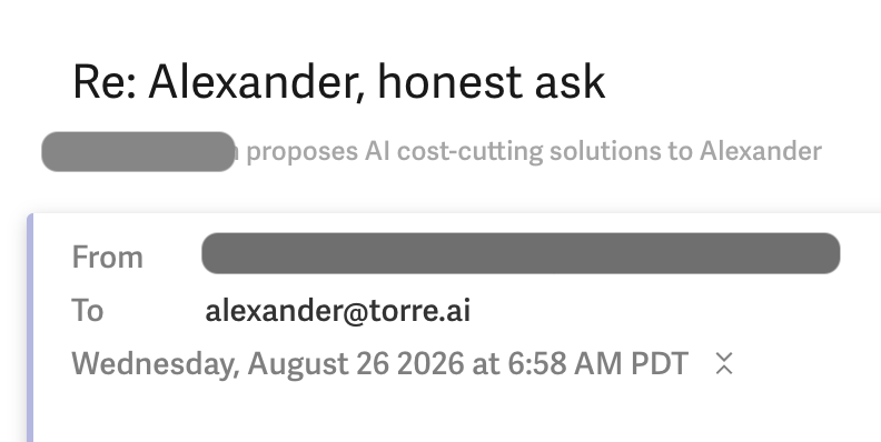 Screenshot of a cold email with the subject line: Re: Alexander, honest ask